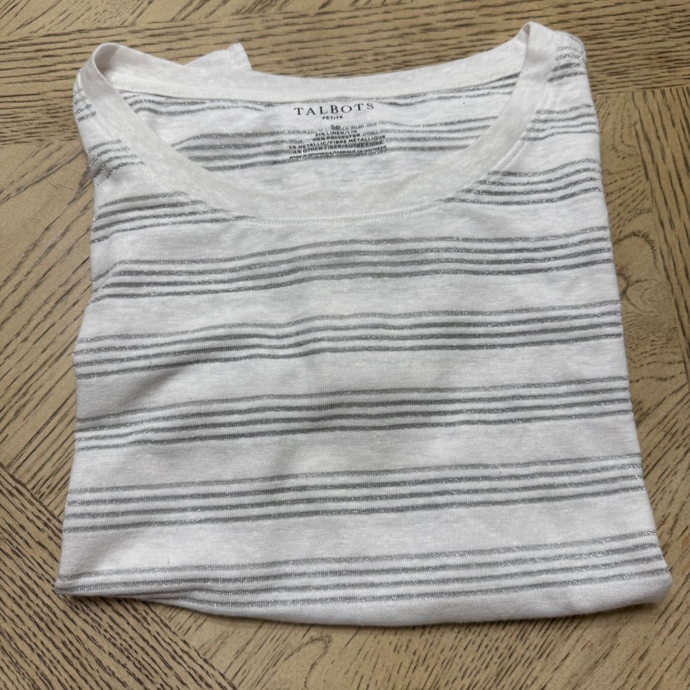 Talbots Small‎ Petite White Silver Sparkle Linen Blend Striped Tee T-Shirt Top